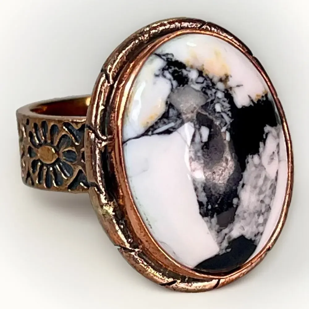 White Buffalo Turquoise Southwestern Copper Cigar Band Adjust Ring Hand Stamped